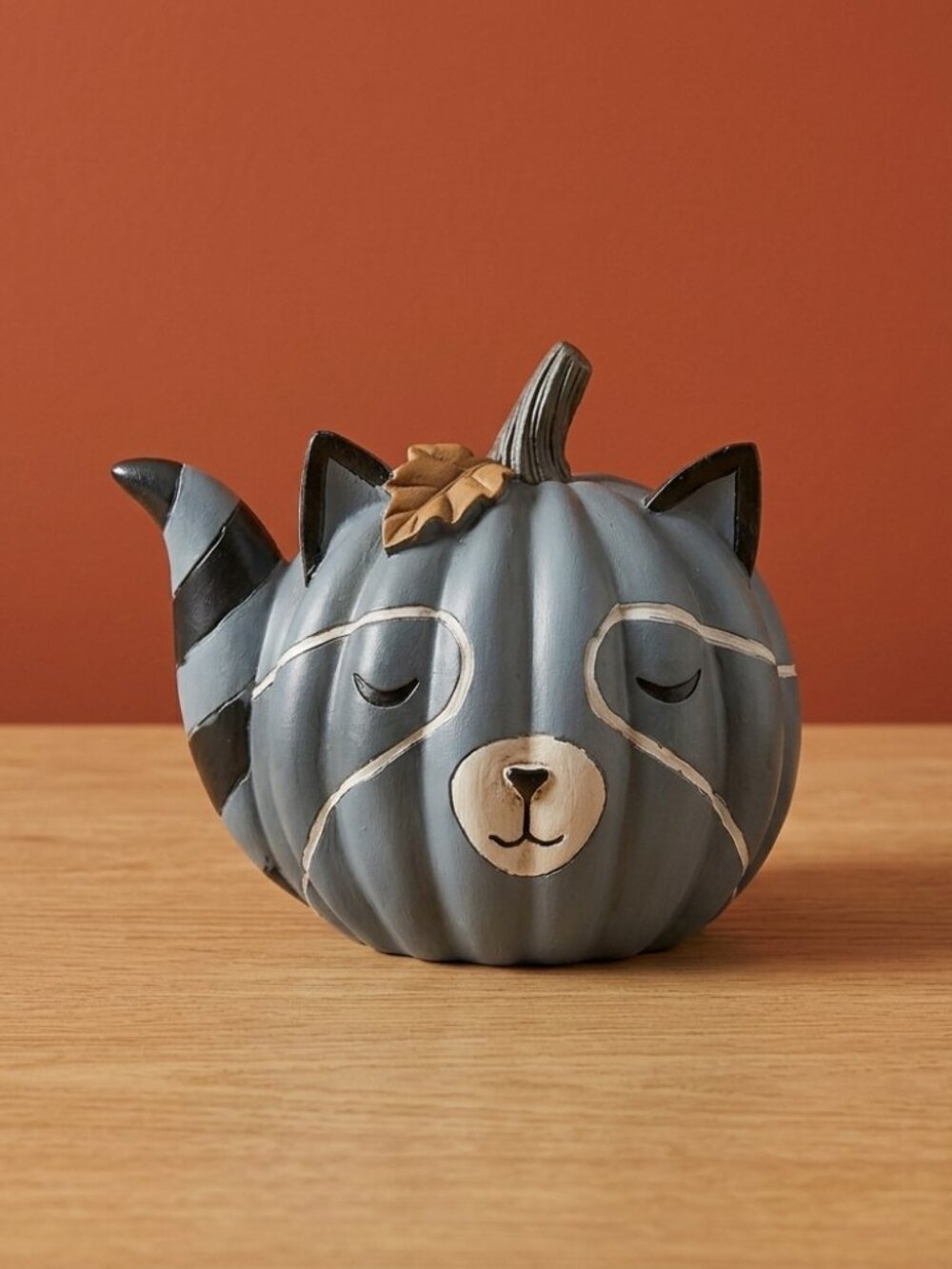 Fall Raccoon Pumpkin Figurine Blue Gray Woodland Animal Autumn Halloween Decor - Picture 2 of 4